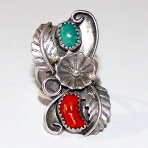 Sterling Silver Vintage Old Pawn Southwestern Red Coral Turquoise Floral Ring